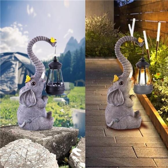 Solar Outdoor Garden Statues Lights, Elephant Figurines with Cute Birds - Picture 2 of 7